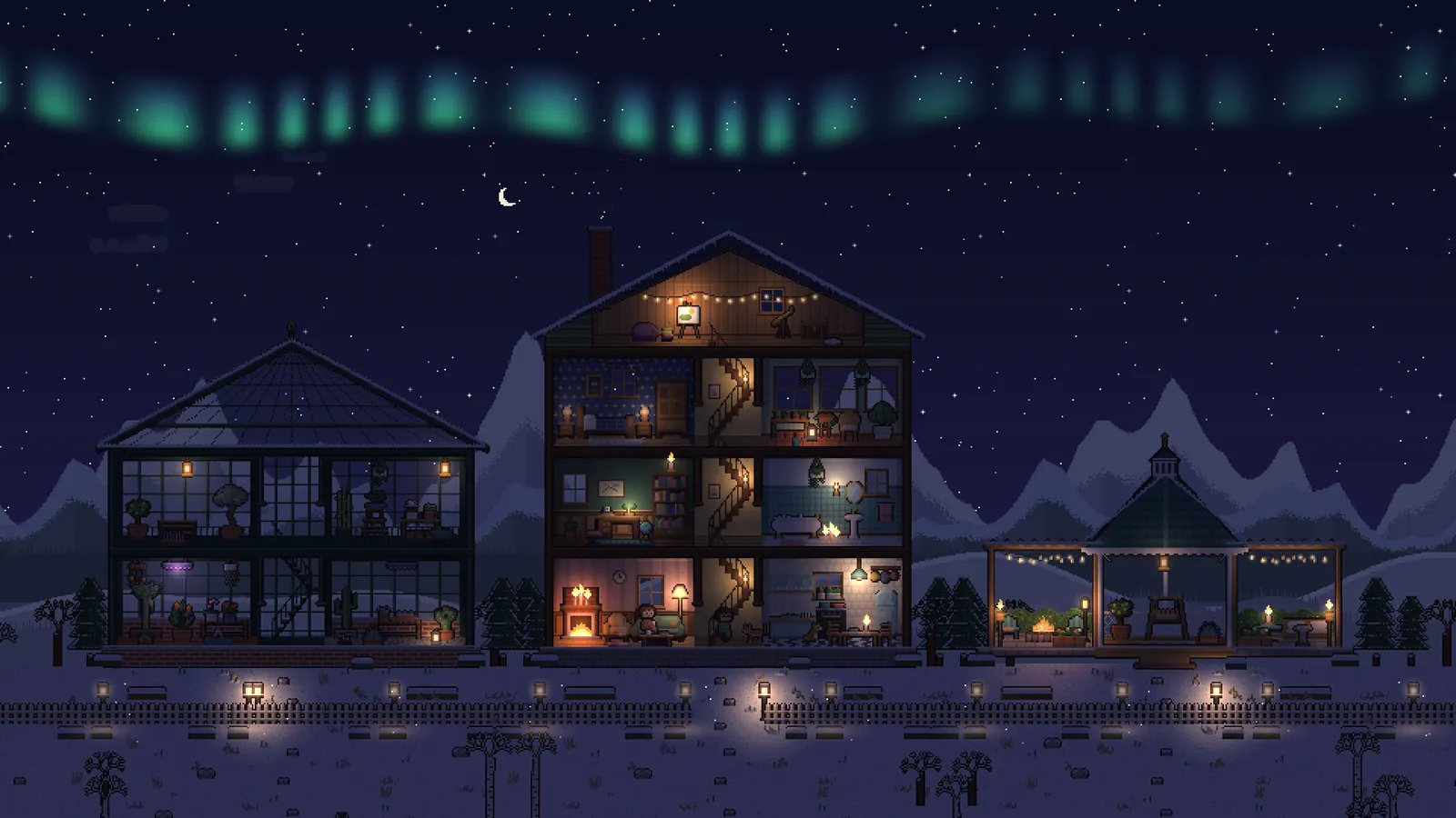 Live from the game: a pixel-art estate at night, a glass greenhouse, a three-storey house and a garden gazebo glowing with lamps and string lights, under snowy mountains and green northern lights.