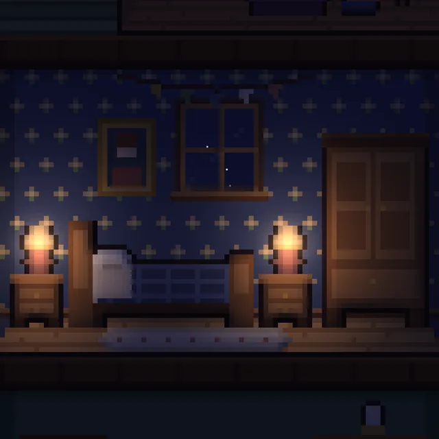 Close-up of the pixel-art bedroom late at night, lit by two bedside lamps.