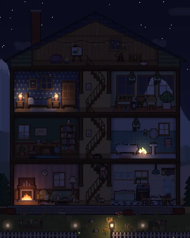 The house at night, every room lit.