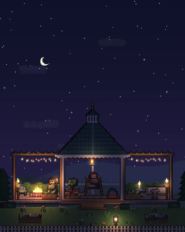 A garden gazebo at night with string lights and a fire pit.