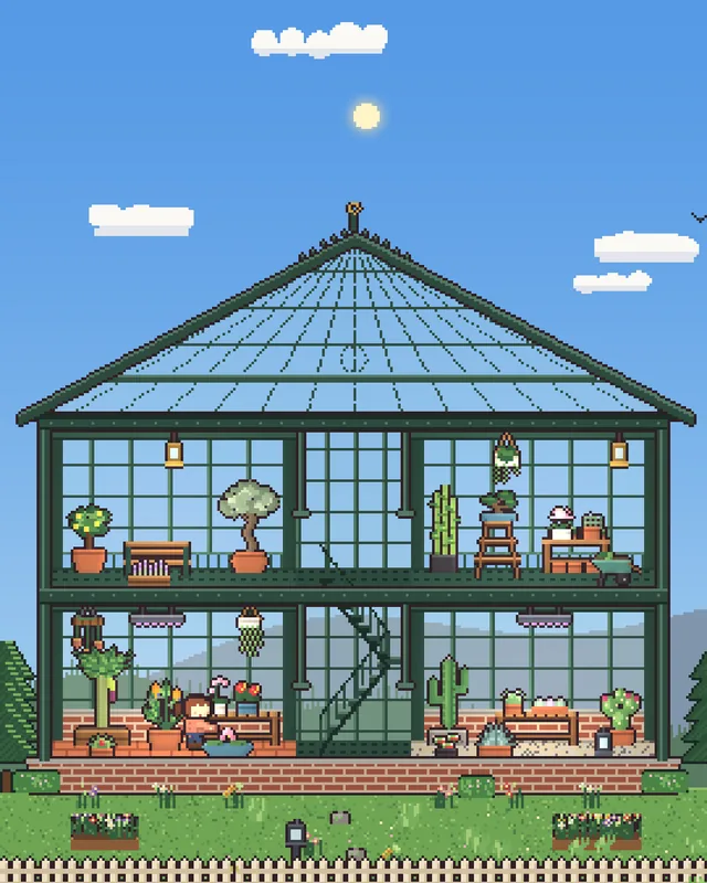 A glass greenhouse full of potted plants on a sunny day.