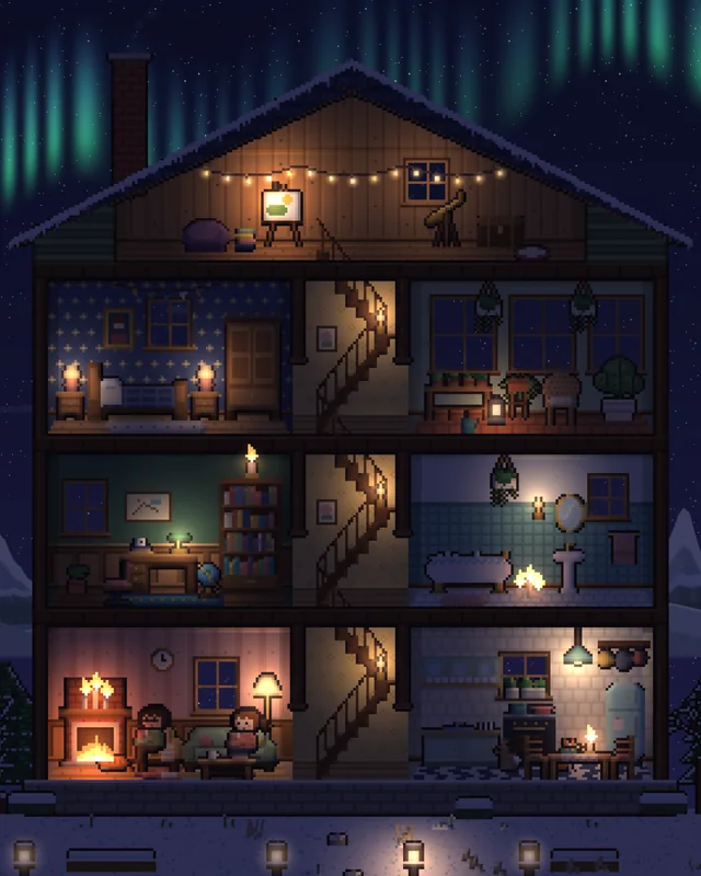The estate under the northern lights; then the view glides down into the house, where candles, a fireplace and lamps glow in every room.