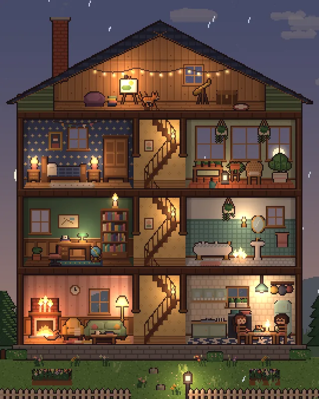 The house in spring rain at dusk.