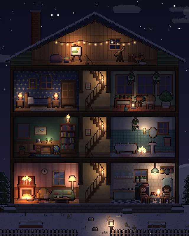 The house in falling snow on a winter evening.