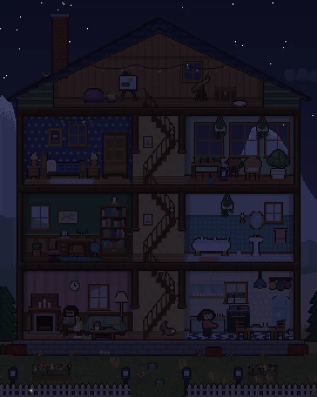 The house at night with the lamps off, lit only by moonlight.