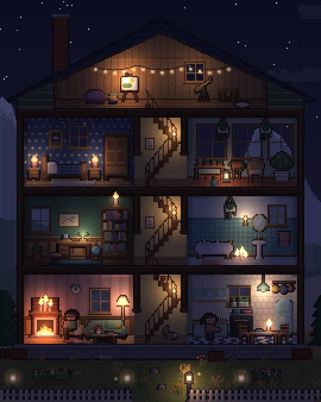 The same house with every lamp, candle and the fireplace glowing and flickering.