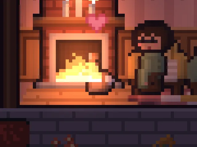 A brown bunny by the crackling fireplace, with a heart above it.