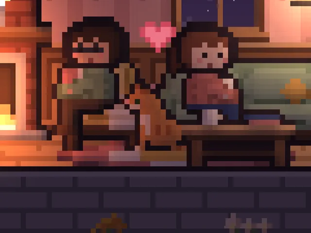 A ginger cat getting a pat in the living room, with a pink heart floating above it.
