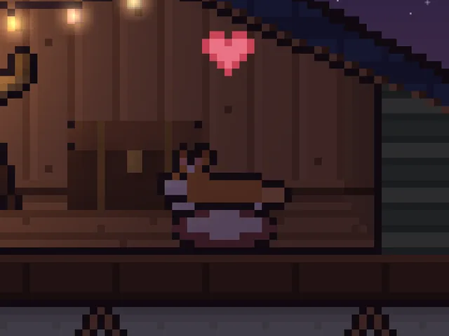A corgi in the attic under string lights, with a heart above it.