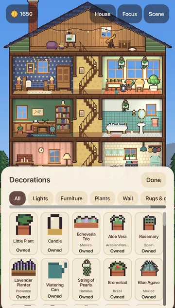 The decorate drawer with lamps, furniture and plants from around the world.