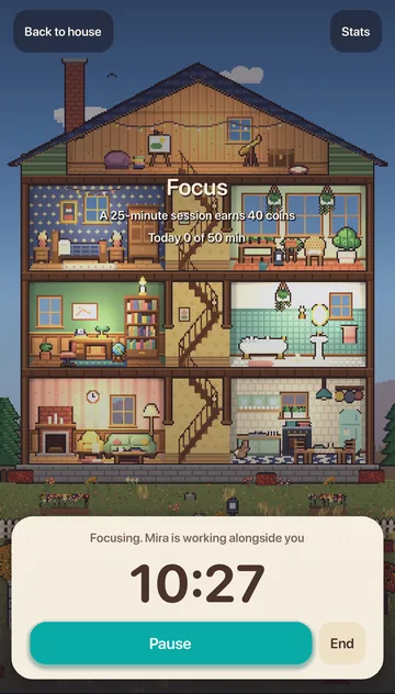 The focus screen: a 25-minute countdown over the house, with the housemate working alongside you.