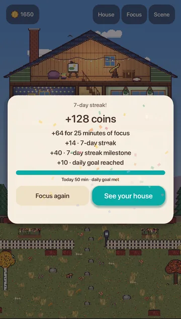 A session-complete card showing coins earned with bonuses for a 7-day streak and the daily goal.