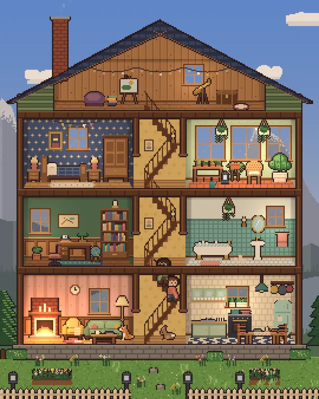 The house on a spring afternoon, green lawn and flower boxes.