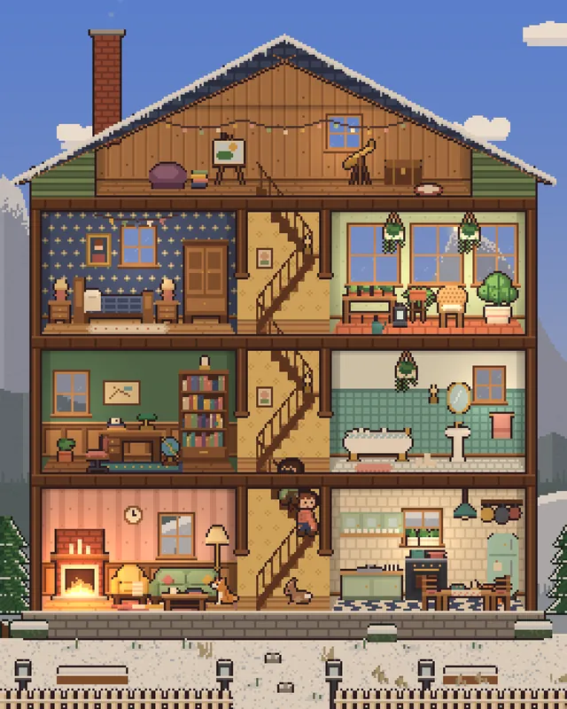 The house on a winter afternoon, snow on the roof and the ground.
